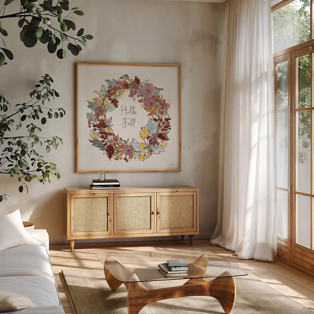 Country Harvest VII Hello by Anne Tavoletti. Shown in a natural wood frame in a cozy modern living room. Available as an archival giclee rolled canvas, fine art paper, or poster print. SKU 76174a.