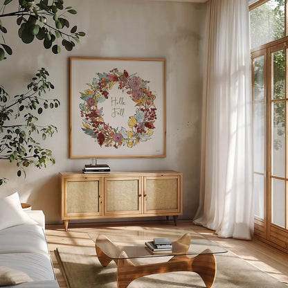 Country Harvest VII Hello by Anne Tavoletti. Shown in a natural wood frame in a cozy modern living room. Available as an archival giclee rolled canvas, fine art paper, or poster print. SKU 76174a.