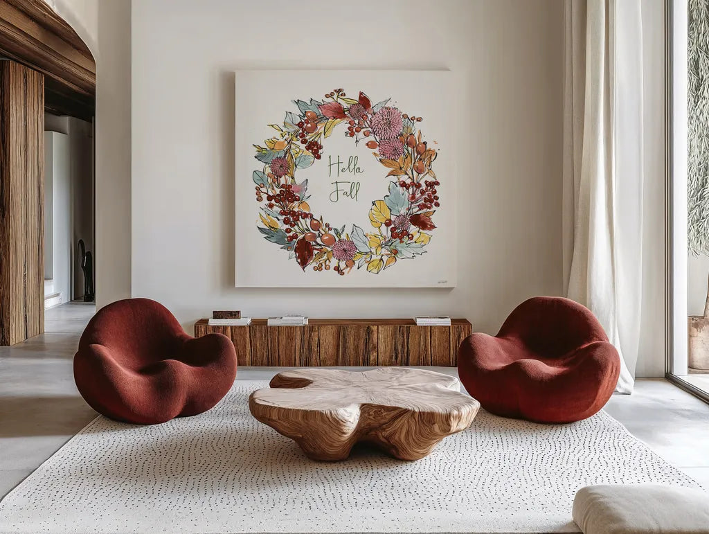 Country Harvest VII Hello by Anne Tavoletti. Shown as extra-large giant wall art in a modern living room. Available as an archival giclee rolled canvas, fine art paper, or poster print. SKU 76174a.