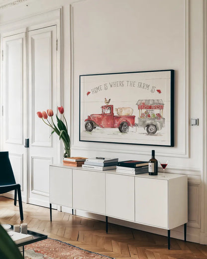 Country Life I by Anne Tavoletti. shown as a framed stretched canvas in a living room above a console. Available as a archival giclee rolled canvas, fine art paper, or poster print. SKU 43162i.