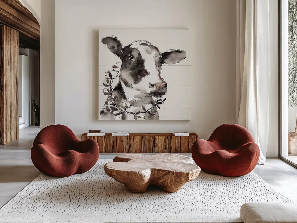 Country Life IV by Anne Tavoletti. Shown as extra-large giant wall art in a modern living room. Available as an archival giclee rolled canvas, fine art paper, or poster print. SKU 43165a.