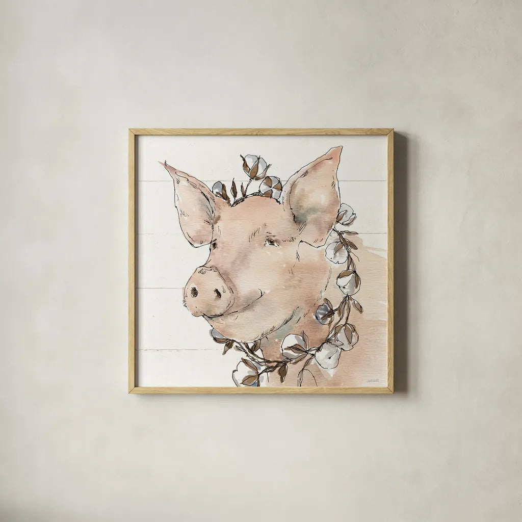 Country Life V by Anne Tavoletti. Shown in a natural wood glass frame for a timeless modern aesthetic. Available as an archival giclee rolled canvas, fine art paper, or poster print. SKU 43166a.