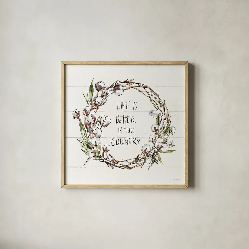 Country Life VII by Anne Tavoletti. Shown in a natural wood glass frame for a timeless modern aesthetic. Available as an archival giclee rolled canvas, fine art paper, or poster print. SKU 43168a.