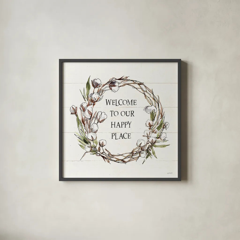 Country Life VII Welcome by Anne Tavoletti. Shown in a sleek black glass frame for a contemporary gallery look. Available as an archival giclee rolled canvas, fine art paper, or poster print. SKU 46138a.