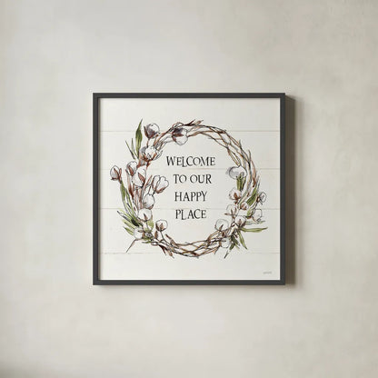 Country Life VII Welcome by Anne Tavoletti. Shown in a sleek black glass frame for a contemporary gallery look. Available as an archival giclee rolled canvas, fine art paper, or poster print. SKU 46138a.