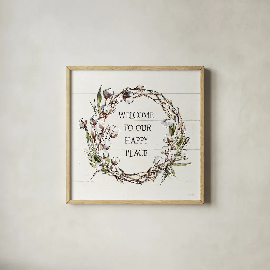 Country Life VII Welcome by Anne Tavoletti. Shown in a natural wood glass frame for a timeless modern aesthetic. Available as an archival giclee rolled canvas, fine art paper, or poster print. SKU 46138a.