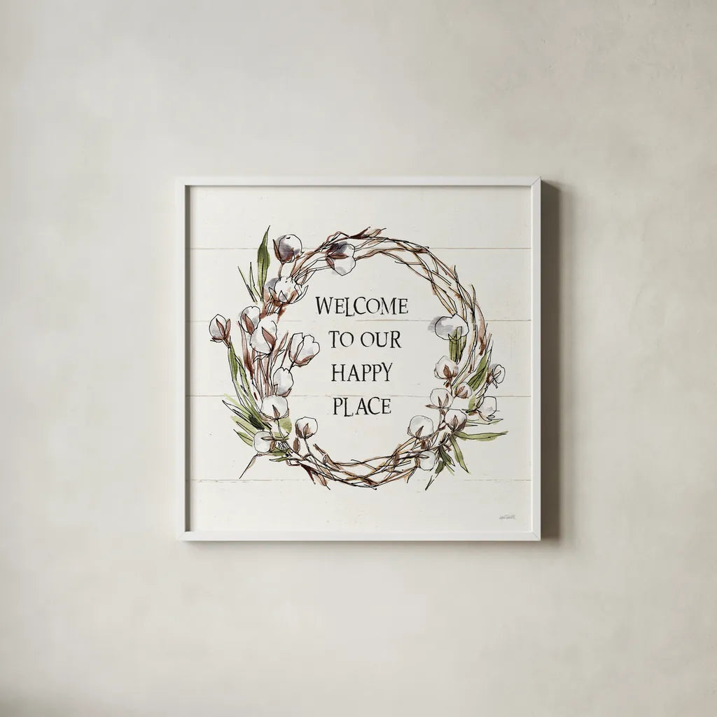 Country Life VII Welcome by Anne Tavoletti. Shown in a crisp white glass frame for a clean and minimalist style. Available as an archival giclee rolled canvas, fine art paper, or poster print. SKU 46138a.