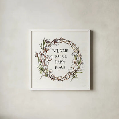 Country Life VII Welcome by Anne Tavoletti. Shown in a crisp white glass frame for a clean and minimalist style. Available as an archival giclee rolled canvas, fine art paper, or poster print. SKU 46138a.