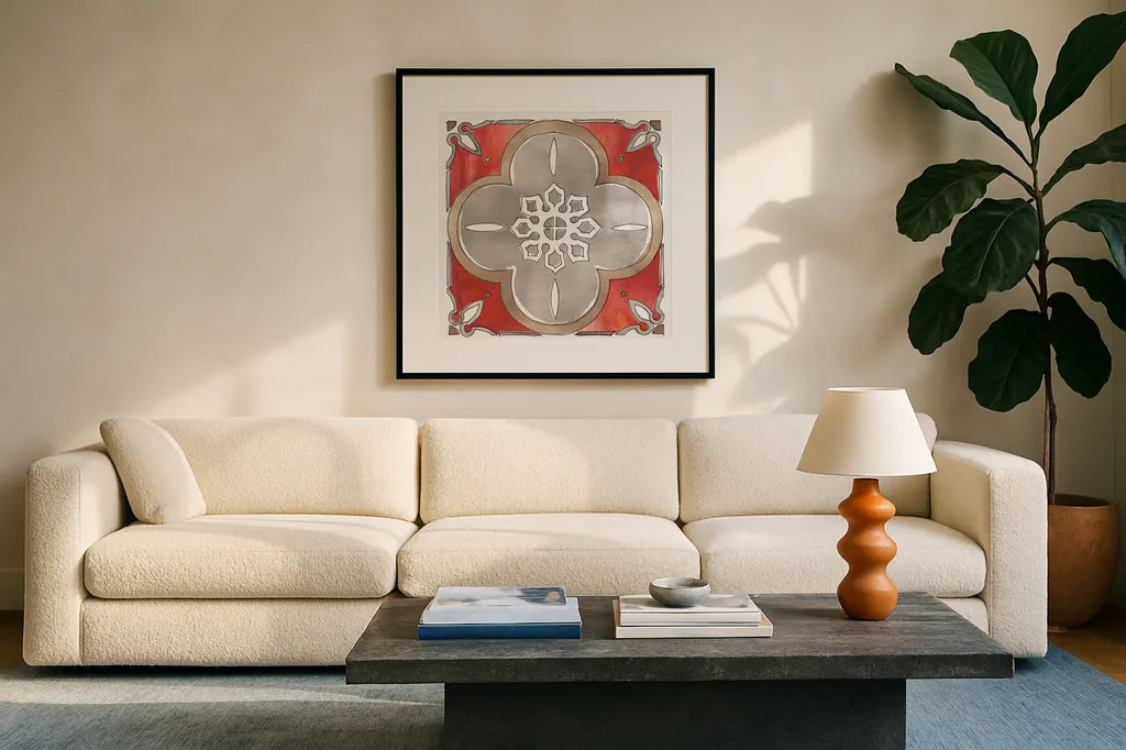 Country Life XI by Anne Tavoletti. Displayed in a glass frame with matte in a clean modern living room. Available as an archival giclee rolled canvas, fine art paper, or poster print. SKU 43172a.