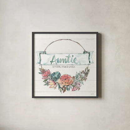 Country Love IV Auntie by Anne Tavoletti. Shown in a sleek black glass frame for a contemporary gallery look. Available as an archival giclee rolled canvas, fine art paper, or poster print. SKU 68739a.