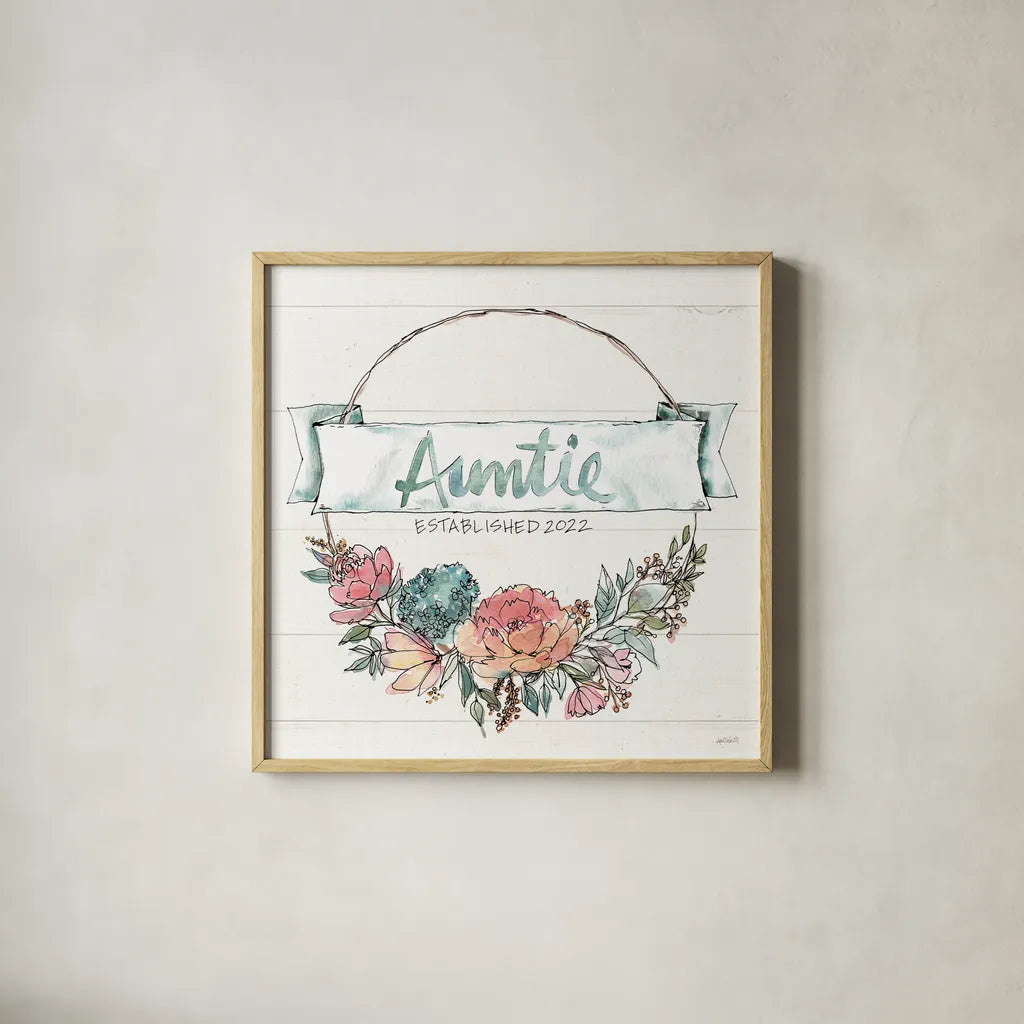Country Love IV Auntie by Anne Tavoletti. Shown in a natural wood glass frame for a timeless modern aesthetic. Available as an archival giclee rolled canvas, fine art paper, or poster print. SKU 68739a.