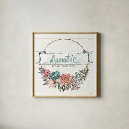 Country Love IV Auntie by Anne Tavoletti. Shown in a natural wood glass frame for a timeless modern aesthetic. Available as an archival giclee rolled canvas, fine art paper, or poster print. SKU 68739a.