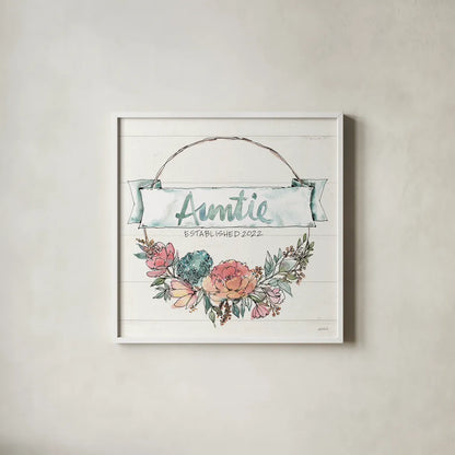 Country Love IV Auntie by Anne Tavoletti. Shown in a crisp white glass frame for a clean and minimalist style. Available as an archival giclee rolled canvas, fine art paper, or poster print. SKU 68739a.