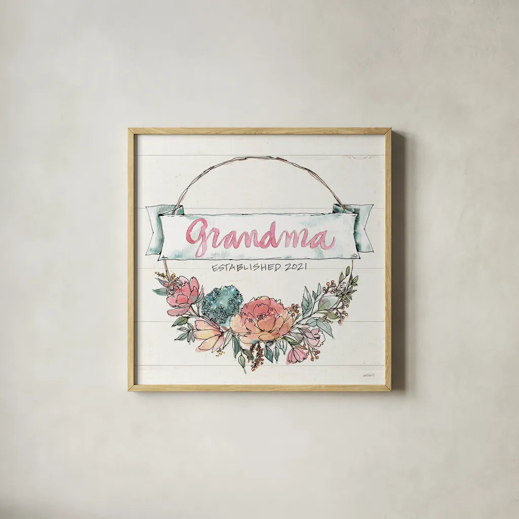 Country Love IV Grandma by Anne Tavoletti. Shown in a natural wood glass frame for a timeless modern aesthetic. Available as an archival giclee rolled canvas, fine art paper, or poster print. SKU 68738a.