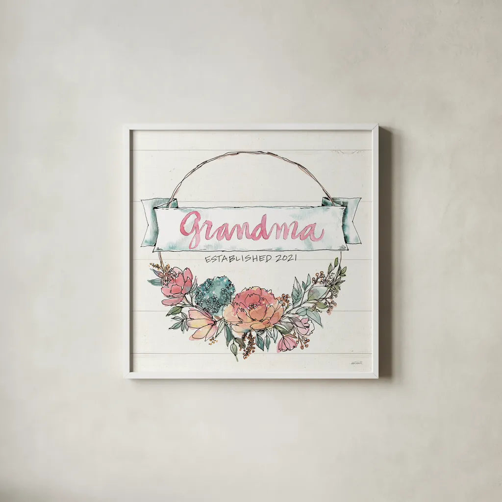 Country Love IV Grandma by Anne Tavoletti. Shown in a crisp white glass frame for a clean and minimalist style. Available as an archival giclee rolled canvas, fine art paper, or poster print. SKU 68738a.