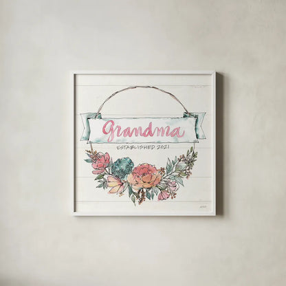 Country Love IV Grandma by Anne Tavoletti. Shown in a crisp white glass frame for a clean and minimalist style. Available as an archival giclee rolled canvas, fine art paper, or poster print. SKU 68738a.