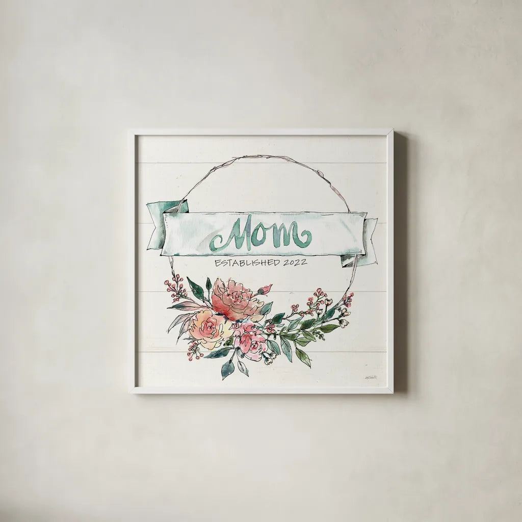 Country Love V Mom by Anne Tavoletti. Shown in a crisp white glass frame for a clean and minimalist style. Available as an archival giclee rolled canvas, fine art paper, or poster print. SKU 68740a.