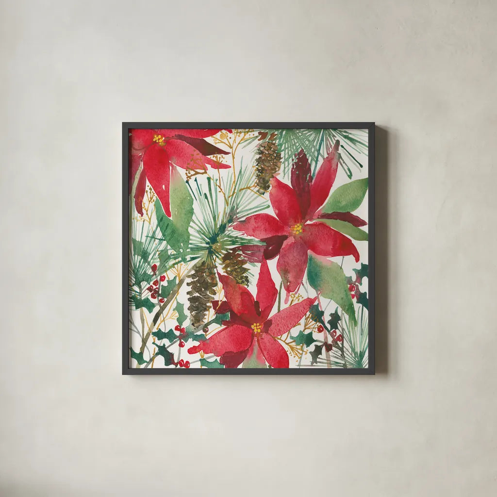December Flowers by Anne Tavoletti. Shown in a sleek black glass frame for a contemporary gallery look. Available as an archival giclee rolled canvas, fine art paper, or poster print. SKU 59343a.