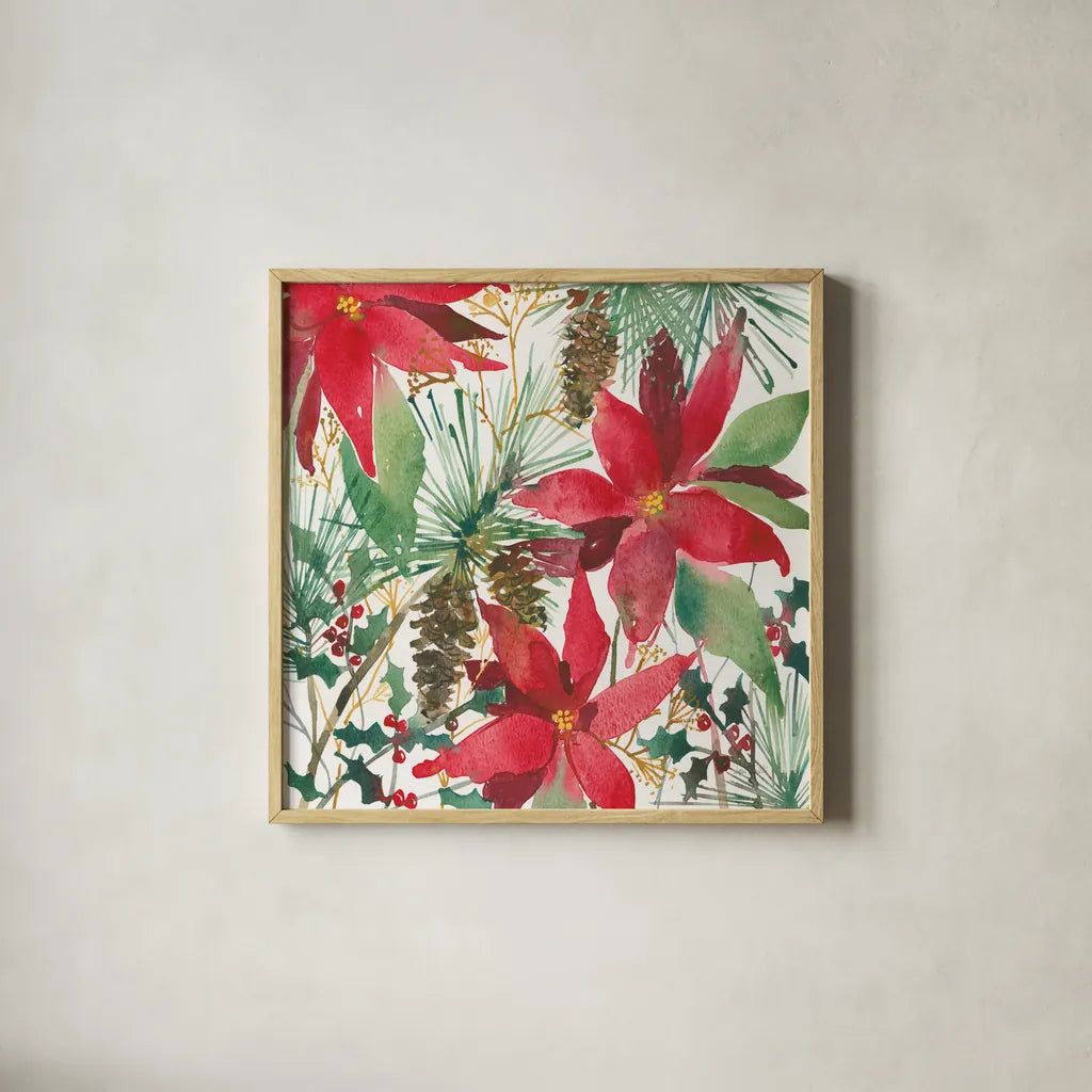 December Flowers by Anne Tavoletti. Shown in a natural wood glass frame for a timeless modern aesthetic. Available as an archival giclee rolled canvas, fine art paper, or poster print. SKU 59343a.
