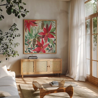 December Flowers by Anne Tavoletti. Shown in a natural wood frame in a cozy modern living room. Available as an archival giclee rolled canvas, fine art paper, or poster print. SKU 59343a.