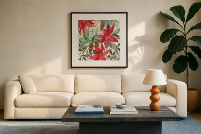 December Flowers by Anne Tavoletti. Displayed in a glass frame with matte in a clean modern living room. Available as an archival giclee rolled canvas, fine art paper, or poster print. SKU 59343a.