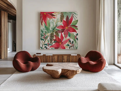 December Flowers by Anne Tavoletti. Shown as extra-large giant wall art in a modern living room. Available as an archival giclee rolled canvas, fine art paper, or poster print. SKU 59343a.