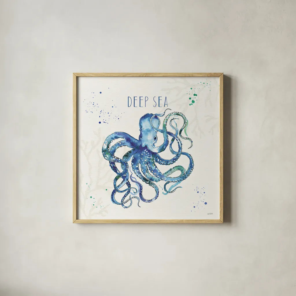 Deep Sea II by Anne Tavoletti. Shown in a natural wood glass frame for a timeless modern aesthetic. Available as an archival giclee rolled canvas, fine art paper, or poster print. SKU 46569a.