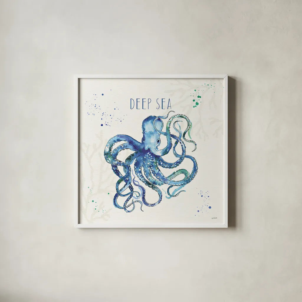 Deep Sea II by Anne Tavoletti. Shown in a crisp white glass frame for a clean and minimalist style. Available as an archival giclee rolled canvas, fine art paper, or poster print. SKU 46569a.