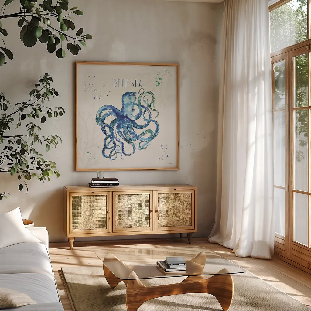 Deep Sea II by Anne Tavoletti. Shown in a natural wood frame in a cozy modern living room. Available as an archival giclee rolled canvas, fine art paper, or poster print. SKU 46569a.