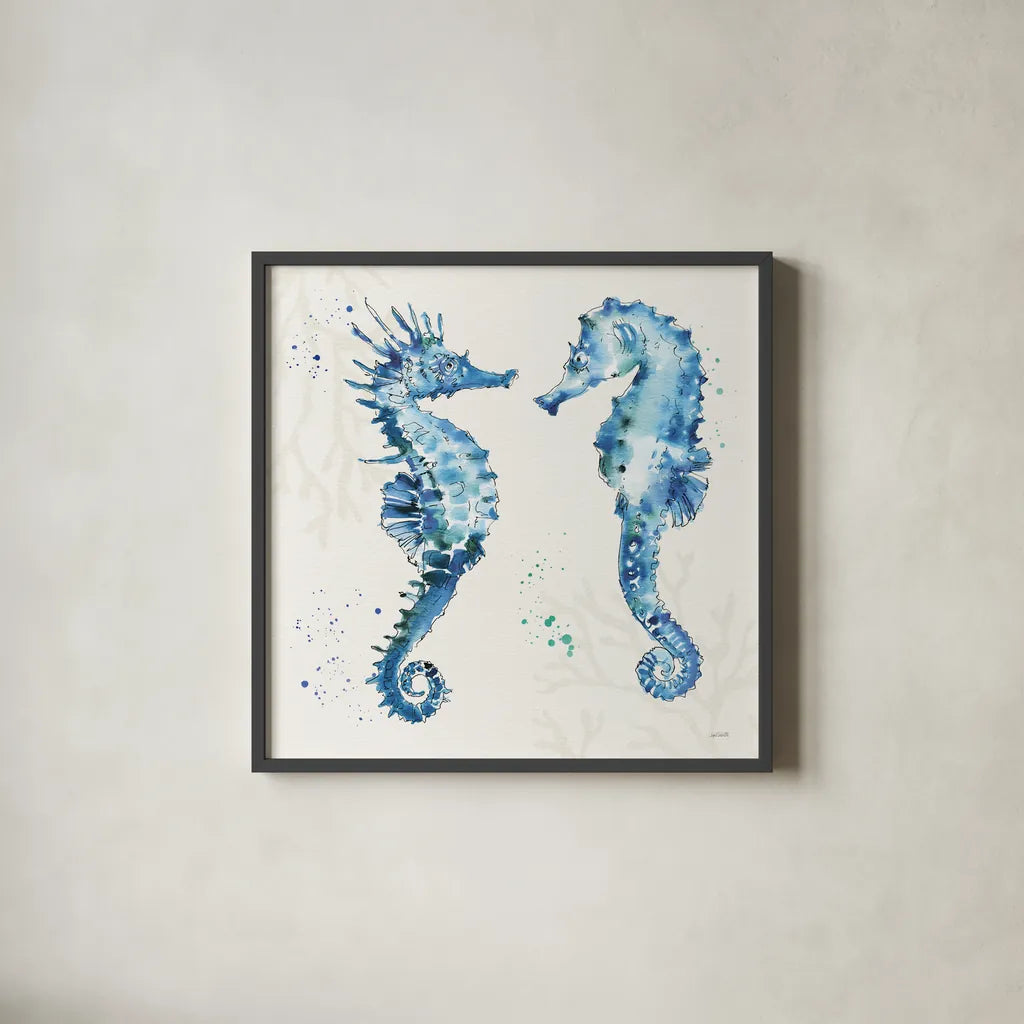 Deep Sea III Seahorses by Anne Tavoletti. Shown in a sleek black glass frame for a contemporary gallery look. Available as an archival giclee rolled canvas, fine art paper, or poster print. SKU 58709a.