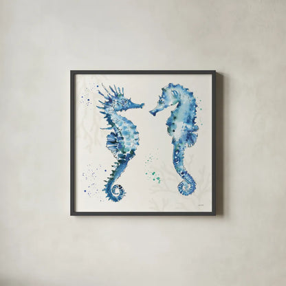 Deep Sea III Seahorses by Anne Tavoletti. Shown in a sleek black glass frame for a contemporary gallery look. Available as an archival giclee rolled canvas, fine art paper, or poster print. SKU 58709a.
