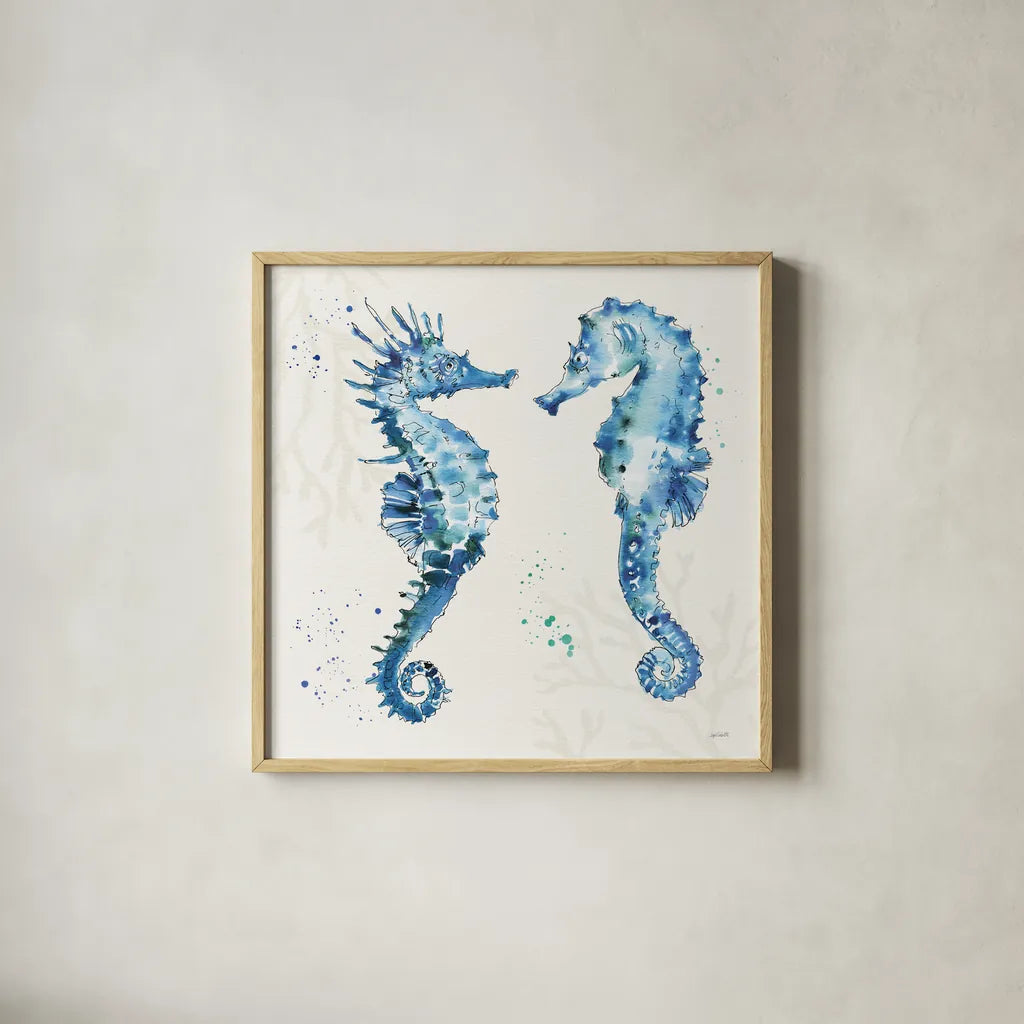 Deep Sea III Seahorses by Anne Tavoletti. Shown in a natural wood glass frame for a timeless modern aesthetic. Available as an archival giclee rolled canvas, fine art paper, or poster print. SKU 58709a.