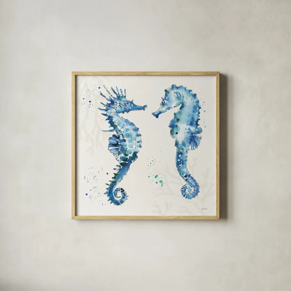 Deep Sea III Seahorses by Anne Tavoletti. Shown in a natural wood glass frame for a timeless modern aesthetic. Available as an archival giclee rolled canvas, fine art paper, or poster print. SKU 58709a.