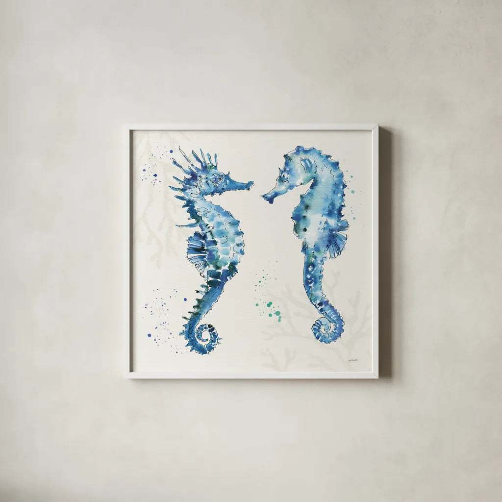 Deep Sea III Seahorses by Anne Tavoletti. Shown in a crisp white glass frame for a clean and minimalist style. Available as an archival giclee rolled canvas, fine art paper, or poster print. SKU 58709a.