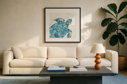 Deep Sea IX by Anne Tavoletti. Displayed in a glass frame with matte in a clean modern living room. Available as an archival giclee rolled canvas, fine art paper, or poster print. SKU 46576a.