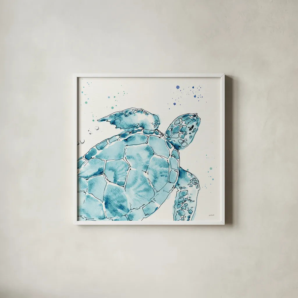Deep Sea IX Teal by Anne Tavoletti. Shown in a crisp white glass frame for a clean and minimalist style. Available as an archival giclee rolled canvas, fine art paper, or poster print. SKU 53848a.