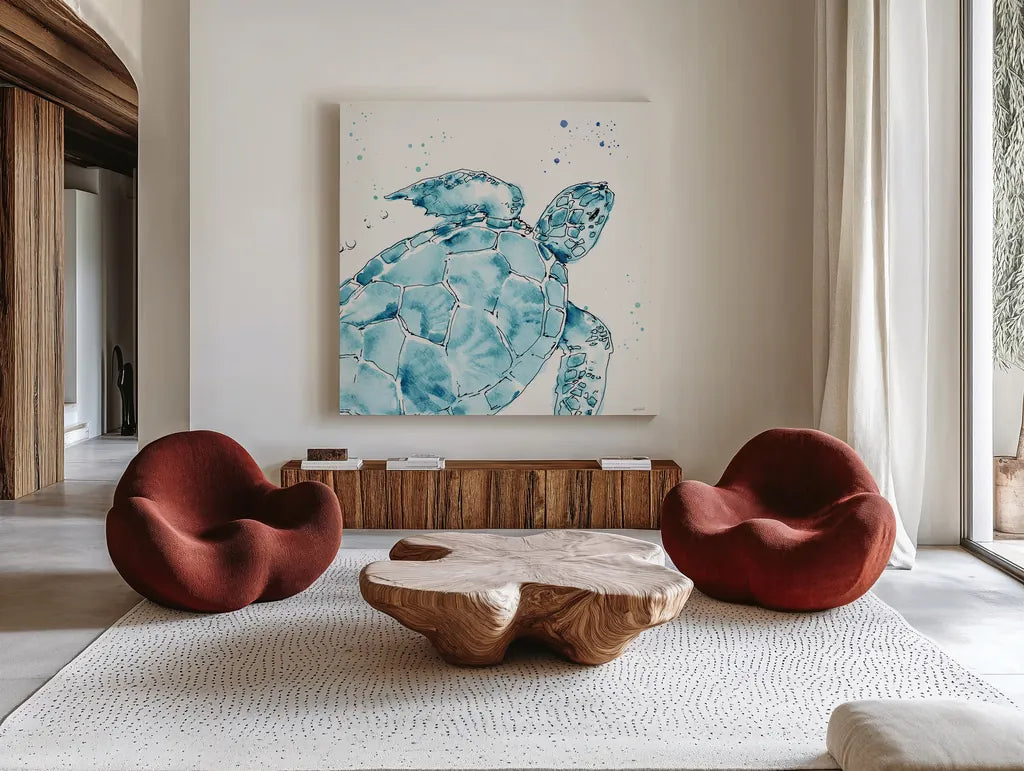 Deep Sea IX Teal by Anne Tavoletti. Shown as extra-large giant wall art in a modern living room. Available as an archival giclee rolled canvas, fine art paper, or poster print. SKU 53848a.