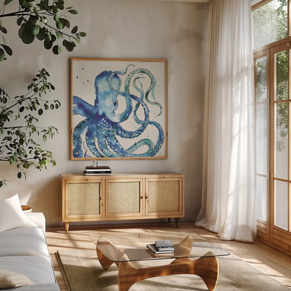 Deep Sea VIII by Anne Tavoletti. Shown in a natural wood frame in a cozy modern living room. Available as an archival giclee rolled canvas, fine art paper, or poster print. SKU 46575a.