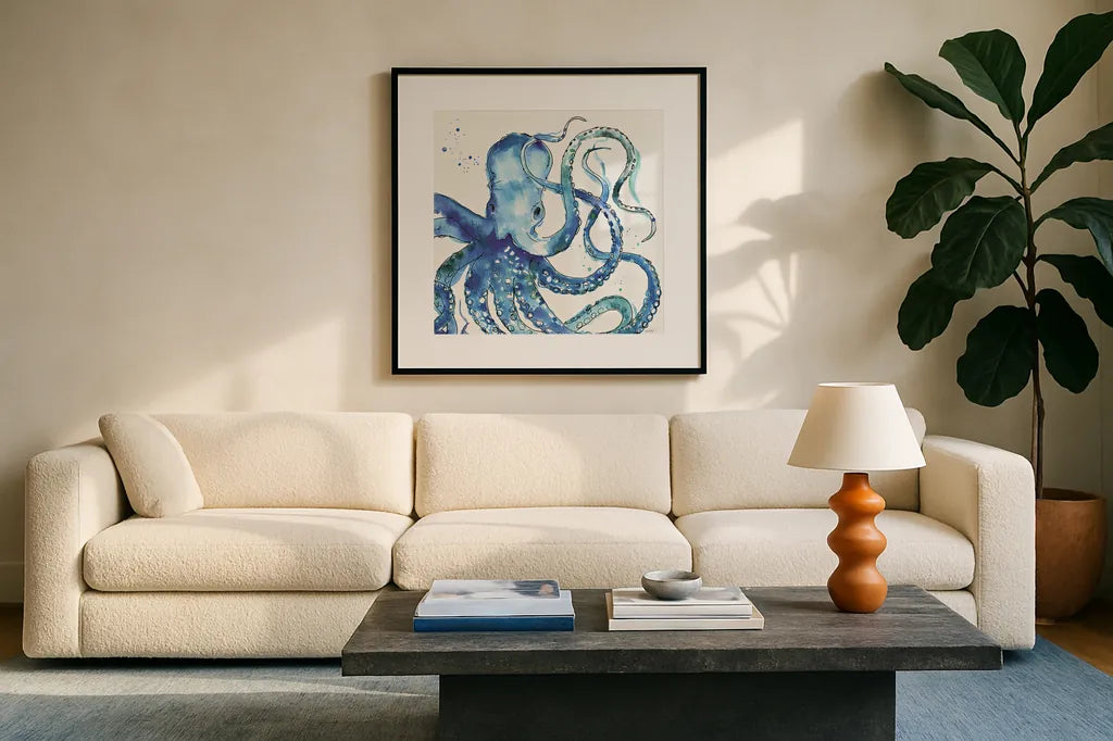 Deep Sea VIII by Anne Tavoletti. Displayed in a glass frame with matte in a clean modern living room. Available as an archival giclee rolled canvas, fine art paper, or poster print. SKU 46575a.