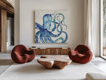 Deep Sea VIII by Anne Tavoletti. Shown as extra-large giant wall art in a modern living room. Available as an archival giclee rolled canvas, fine art paper, or poster print. SKU 46575a.