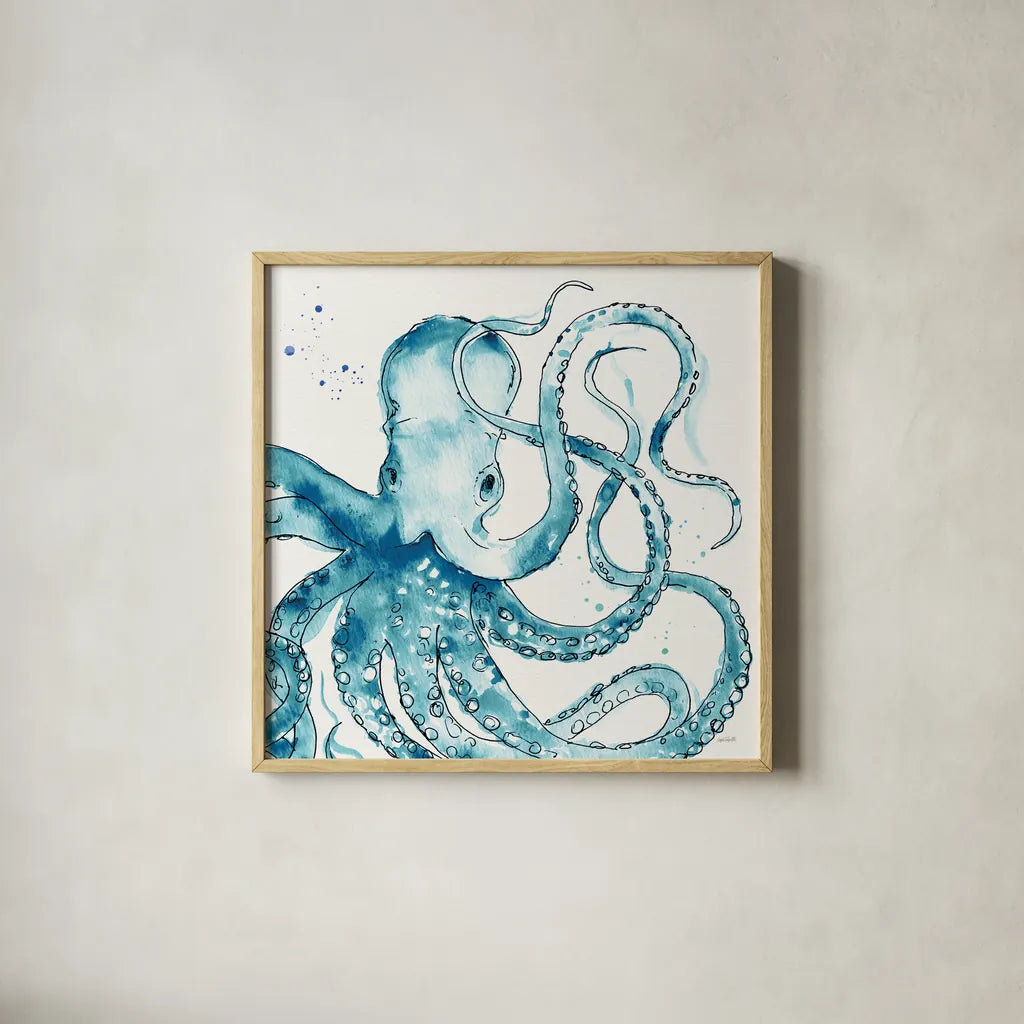Deep Sea VIII Teal by Anne Tavoletti. Shown in a natural wood glass frame for a timeless modern aesthetic. Available as an archival giclee rolled canvas, fine art paper, or poster print. SKU 53847a.
