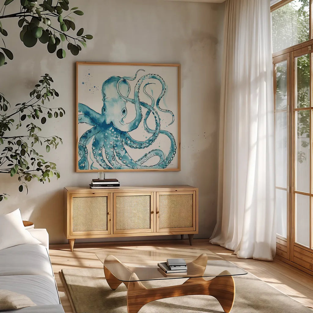 Deep Sea VIII Teal by Anne Tavoletti. Shown in a natural wood frame in a cozy modern living room. Available as an archival giclee rolled canvas, fine art paper, or poster print. SKU 53847a.