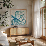 Deep Sea VIII Teal by Anne Tavoletti. Shown in a natural wood frame in a cozy modern living room. Available as an archival giclee rolled canvas, fine art paper, or poster print. SKU 53847a.