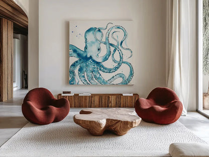 Deep Sea VIII Teal by Anne Tavoletti. Shown as extra-large giant wall art in a modern living room. Available as an archival giclee rolled canvas, fine art paper, or poster print. SKU 53847a.