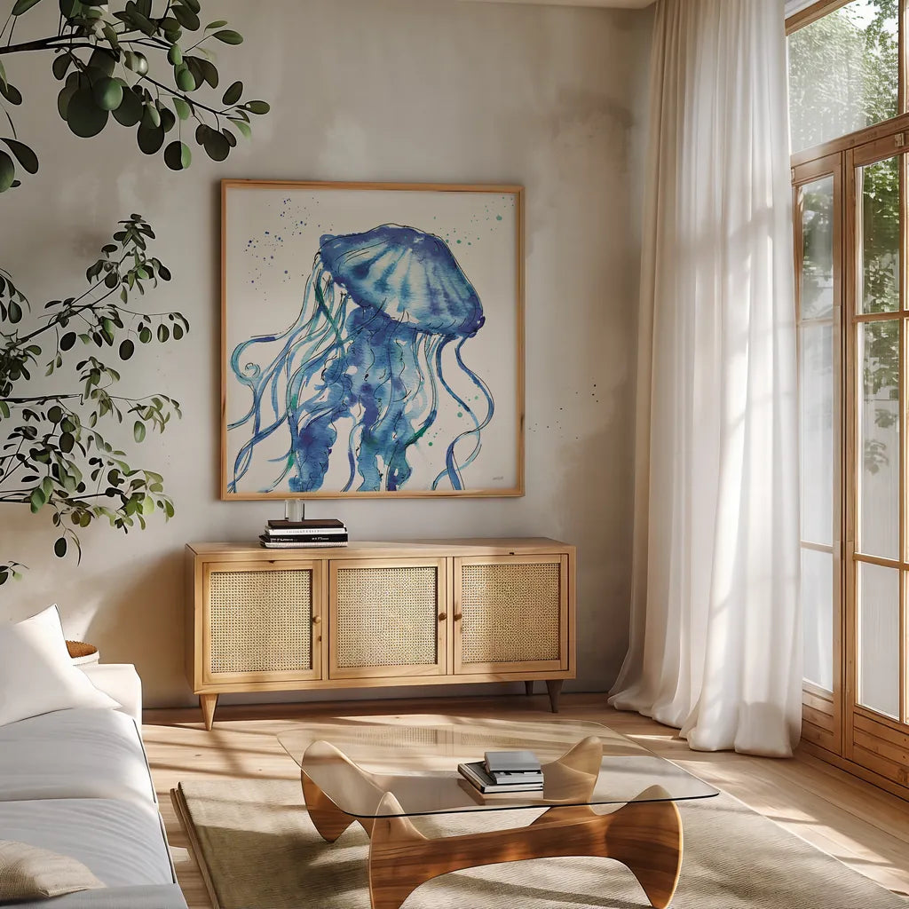 Deep Sea X by Anne Tavoletti. Shown in a natural wood frame in a cozy modern living room. Available as an archival giclee rolled canvas, fine art paper, or poster print. SKU 46577a.