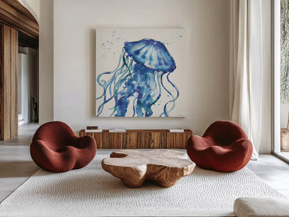 Deep Sea X by Anne Tavoletti. Shown as extra-large giant wall art in a modern living room. Available as an archival giclee rolled canvas, fine art paper, or poster print. SKU 46577a.