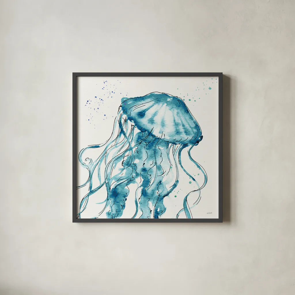 Deep Sea X Teal by Anne Tavoletti. Shown in a sleek black glass frame for a contemporary gallery look. Available as an archival giclee rolled canvas, fine art paper, or poster print. SKU 53849a.