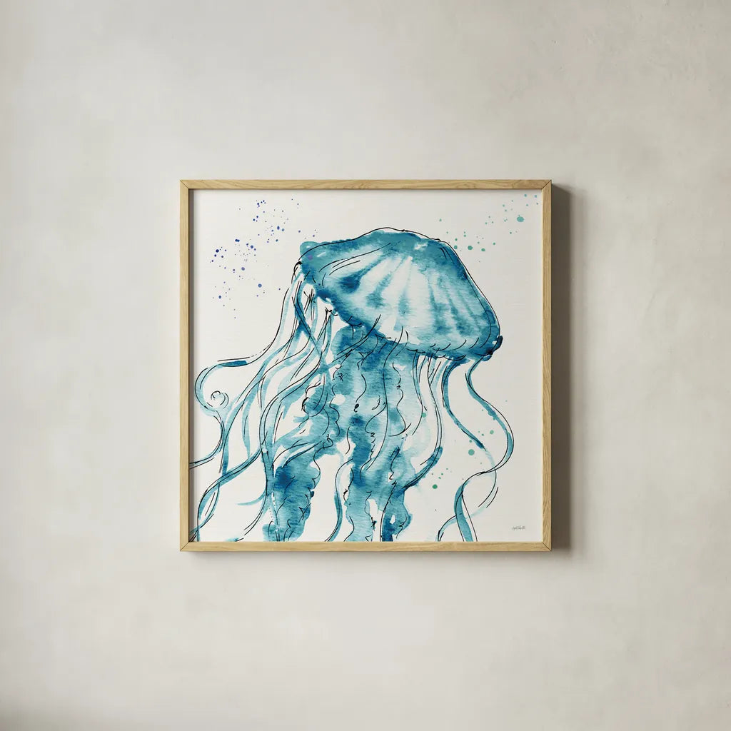 Deep Sea X Teal by Anne Tavoletti. Shown in a natural wood glass frame for a timeless modern aesthetic. Available as an archival giclee rolled canvas, fine art paper, or poster print. SKU 53849a.