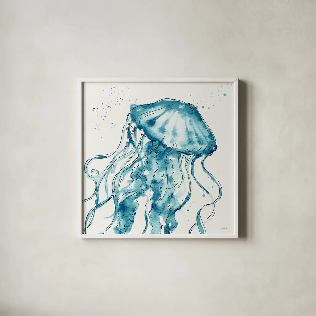 Deep Sea X Teal by Anne Tavoletti. Shown in a crisp white glass frame for a clean and minimalist style. Available as an archival giclee rolled canvas, fine art paper, or poster print. SKU 53849a.