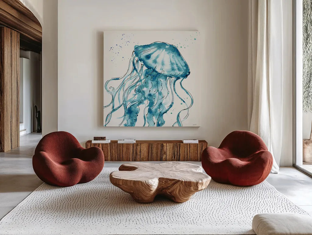Deep Sea X Teal by Anne Tavoletti. Shown as extra-large giant wall art in a modern living room. Available as an archival giclee rolled canvas, fine art paper, or poster print. SKU 53849a.